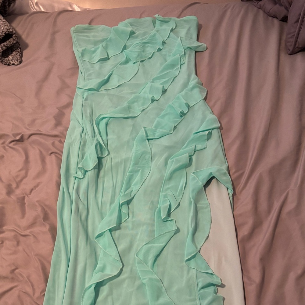 Turquoise Ruffled Strapless Prom Dress - Picture 3 of 6